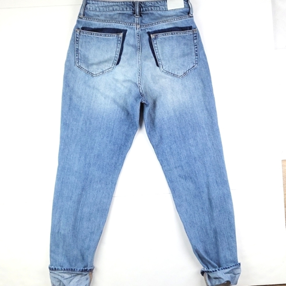 Disclosed Mom Jean High Rise Light Wash Cuffed Crop Distressed Pocket De…